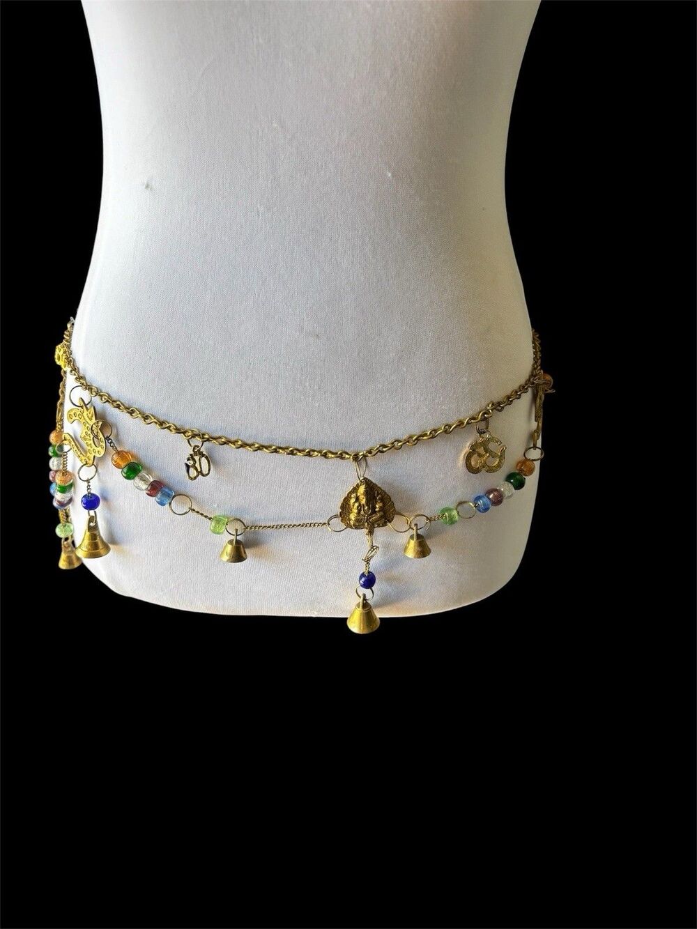 Vtg Belly Dance Chain Belt With Charms Beads Bells Indian Symbols Boho Festival